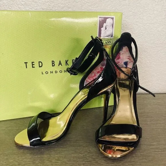Ted Baker London Black Patent Strappy Stiletto Heels - Picture 3 of 9